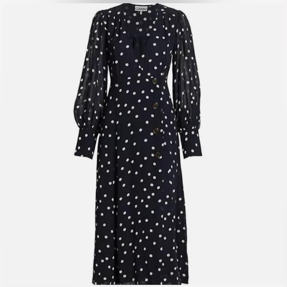 GANNI - Wrap-effect polka-dot crepe de chine midi dress
Size 36 (US4-6)